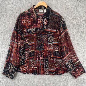 Chicos Top Women 1 US Medium Brown Multi Mixed Pattern Silk Button Long Sleeve